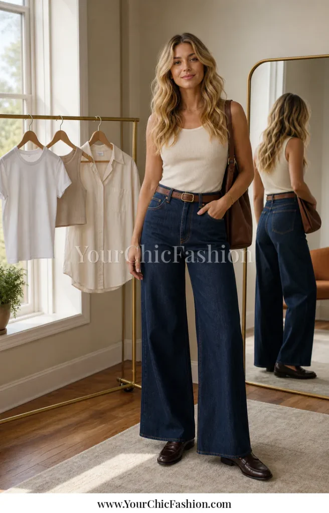 Woman in dark-wash high-rise wide-leg jeans and a fitted cream tank with alternate tee and button-down top pairings