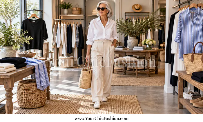 An adult woman wearing a white button-down shirt with beige wide-leg trousers, layered gold jewelry, sunglasses, and white sneakers in a polished outdoor shopping setting. 2