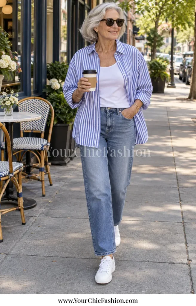 An adult woman wearing an open blue and white striped cotton shirt over a white tank with relaxed blue denim, white sneakers, sunglasses, and simple jewelry on a casual city sidewalk.