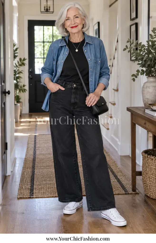 An adult woman wearing black wide-leg jeans, a simple black top, an open blue denim shirt, white sneakers, silver hoop earrings, and a small crossbody bag in a bright casual hallway.
