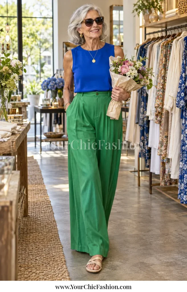 An adult woman wearing a blue sleeveless top with green wide-leg trousers, simple gold jewelry, sunglasses, and neutral sandals in a bright boutique shopping setting.