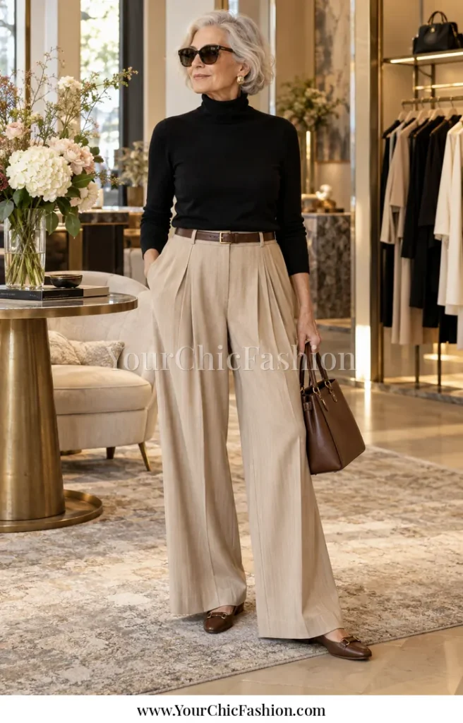An adult woman wearing beige pleated wide-leg trousers with a black knit turtleneck, a structured brown bag, a belt, sunglasses, and polished brown shoes in an elegant boutique interior.