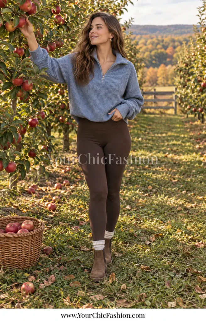 Adult woman wearing espresso brown leggings and a dusty blue waffle-knit quarter-zip with brown boots on an apple orchard path
