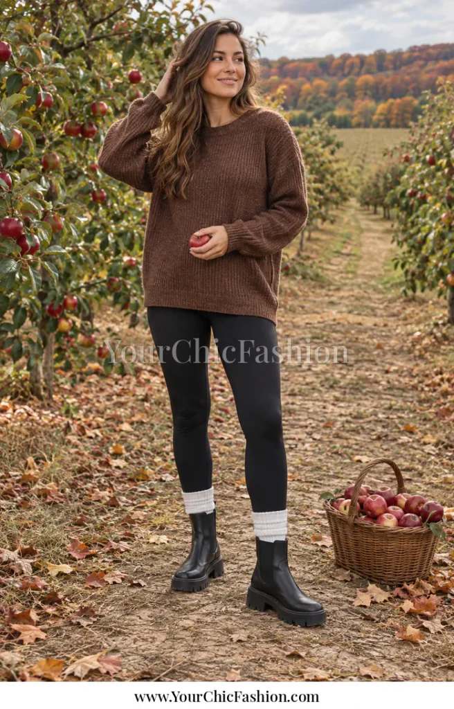 Adult woman wearing black leggings, thick white cuffed socks, black lug-sole Chelsea boots, and a brown sweater on a rustic orchard path
