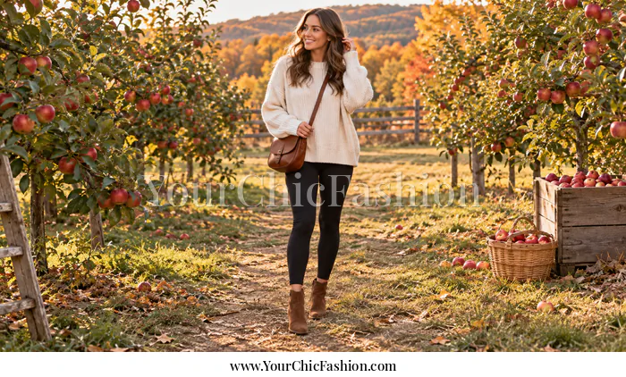 Adult woman wearing black leggings, a brown plaid shirt, a black puffer vest, cream socks, and dark ankle boots beside apple trees 2