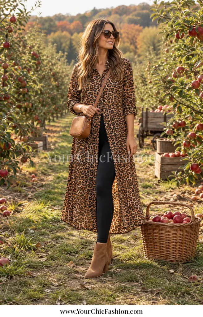 Apple picking outfit fall casual leggings look with a leopard-print long shirt layer, tan ankle boots, and tan crossbody bag in an orchard