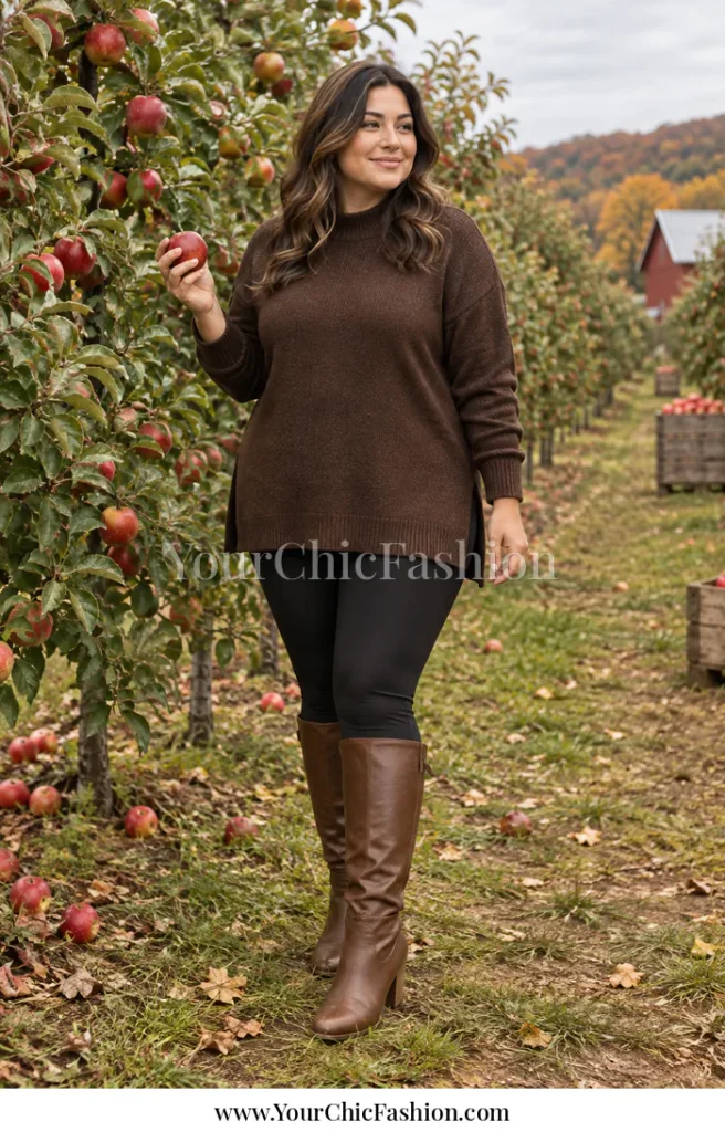 Adult woman wearing black high-waisted leggings, a brown tunic-length knit top, and brown knee-high boots in a fall apple orchard