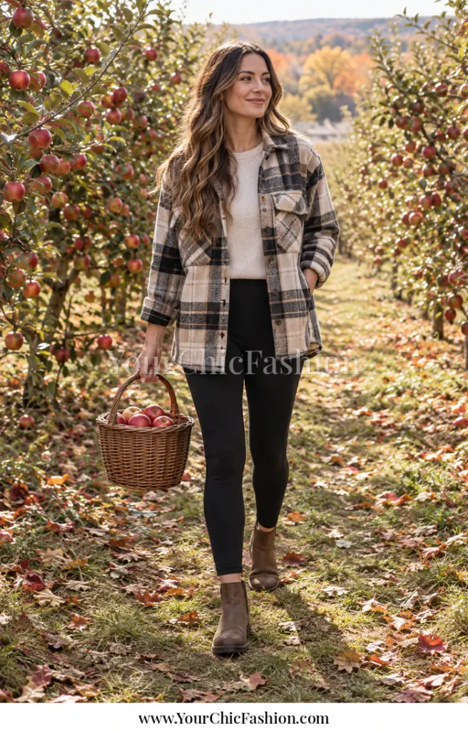 Adult woman in black leggings, an oversized beige and black plaid shacket, and brown ankle boots on an apple orchard path