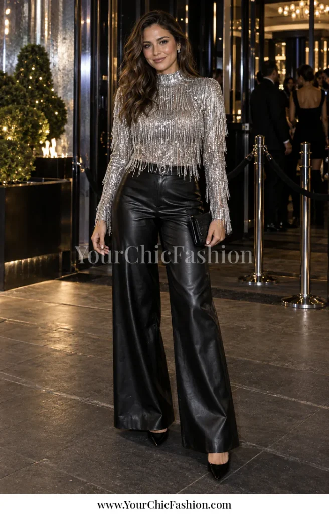 Adult woman wearing a silver fringe top with black faux-leather wide-leg pants, black heels and a small evening clutch at night.