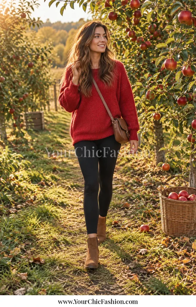 Adult woman wearing black leggings, an oversized red sweater, brown ankle boots, and a brown crossbody bag among apple trees