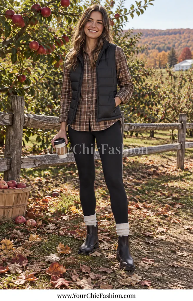 Adult woman wearing black leggings, a brown plaid shirt, a black puffer vest, cream socks, and dark ankle boots beside apple trees