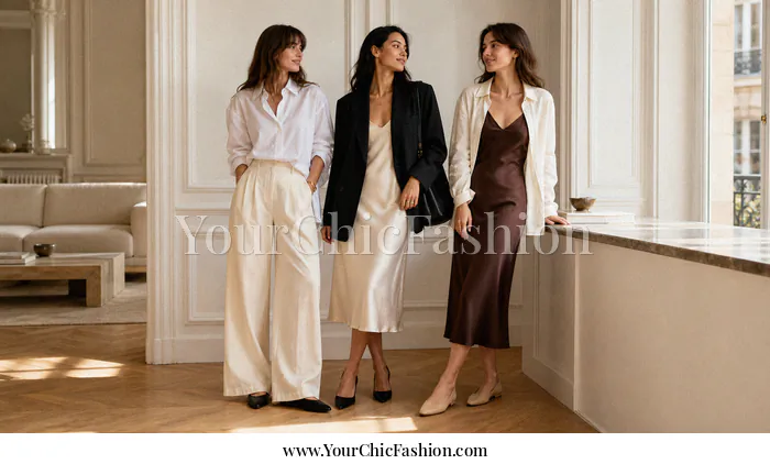 3 Women Wears Effortlessly chic outfits styled with cream wide-leg trousers, a white oversized shirt, black pointed flats, and a beige woven tote