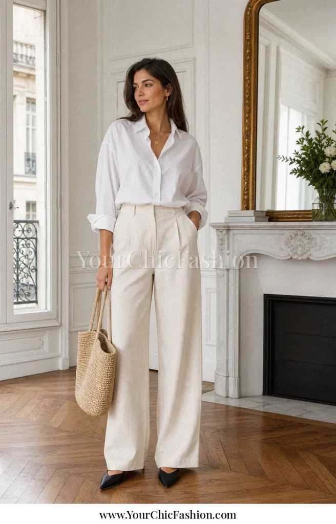 Effortlessly chic outfits styled with cream wide-leg trousers, a white oversized shirt, black pointed flats, and a beige woven tote