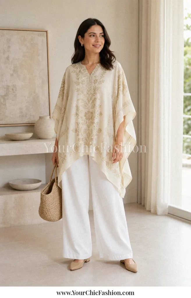 Effortlessly chic outfits styled with cream wide-leg trousers, a white oversized shirt, black pointed flats, and a beige woven tote