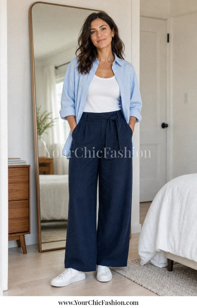 Woman wearing a light blue oversized shirt, white ribbed tank, navy wide-leg trousers, fabric belt, and white sneakers