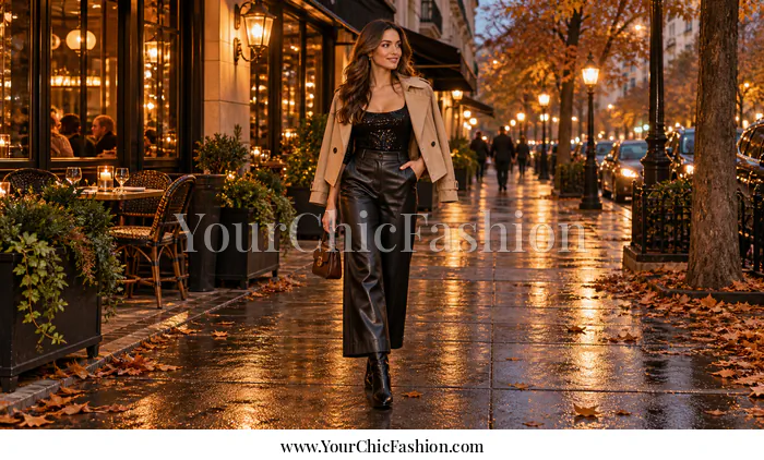 Adult woman in a beige cropped trench over a black top and skirt with black tights, knee-high boots, and a brown shoulder bag