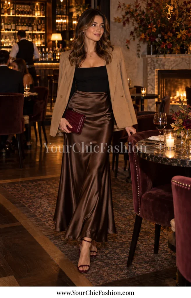 Adult woman in a brown satin maxi skirt with a fitted top, tan blazer, burgundy clutch, and heels in an evening dining room