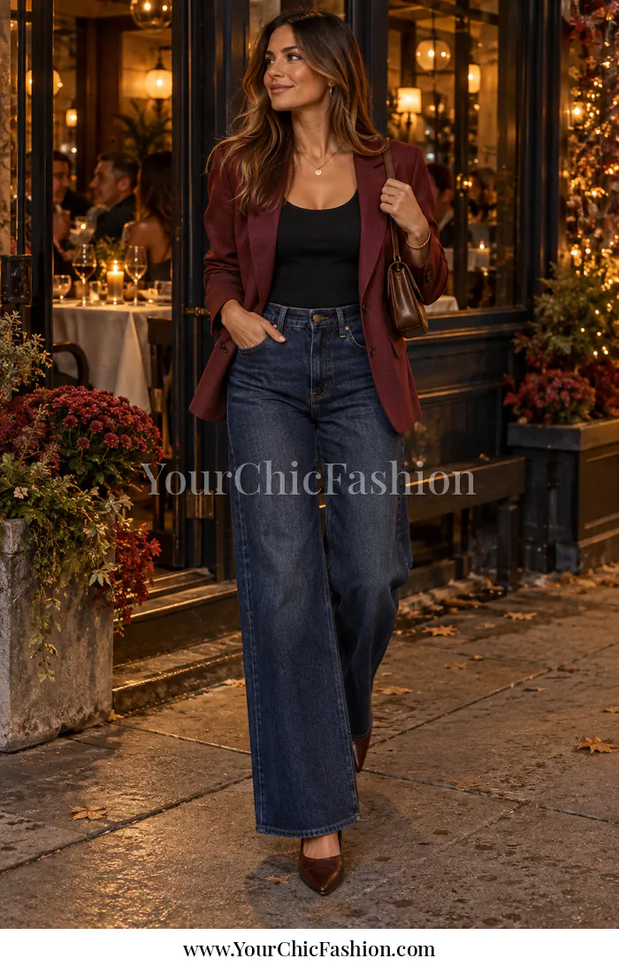 Adult woman in dark wide-leg jeans, a black fitted top, burgundy blazer, brown heels, and brown shoulder bag outside a restaurant