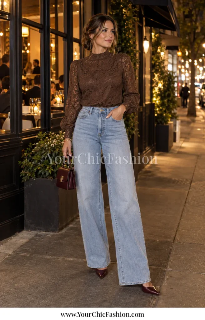 Going out outfits night casual jeans look with light-wash wide-leg denim, a fitted brown lace top, burgundy heels and a small evening bag.
