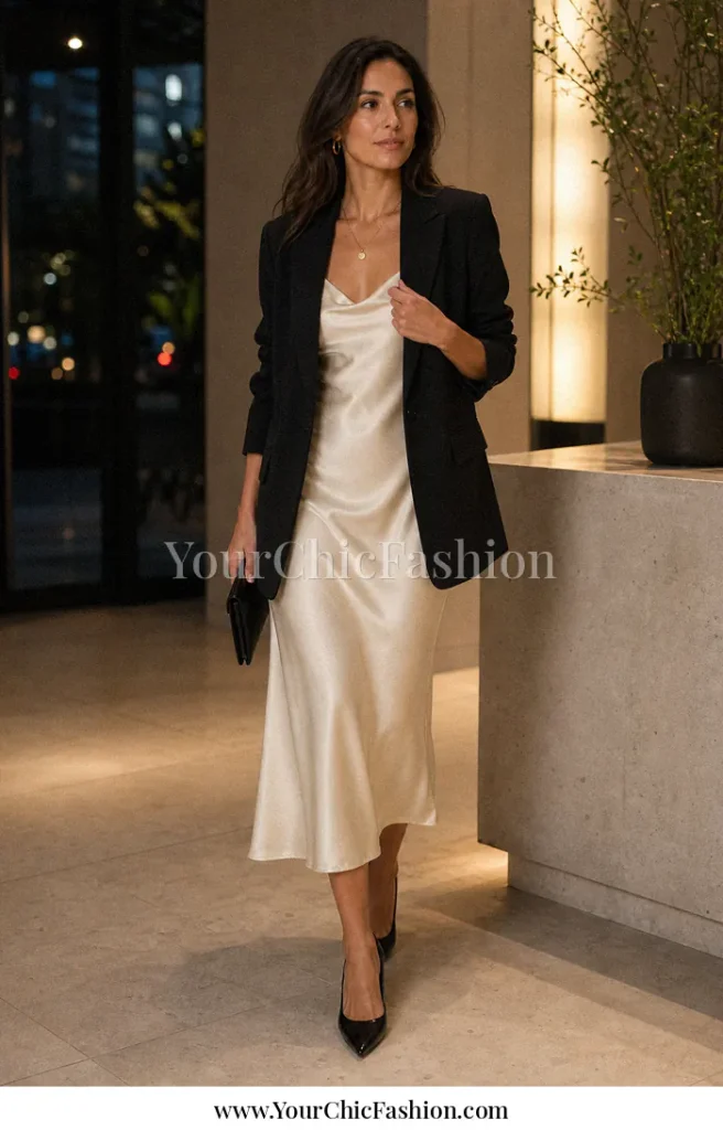 Woman in a cream satin midi slip dress with a black oversized blazer, gold jewelry, and black pointed heels