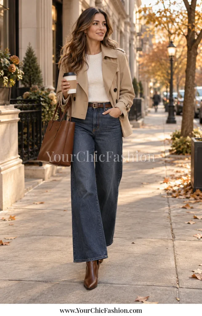 Outfit inspo fall 2026 with an adult woman wearing dark blue wide-leg jeans, a cream knit top, beige cropped trench, brown ankle boots, and a brown structured tote on a city sidewalk.