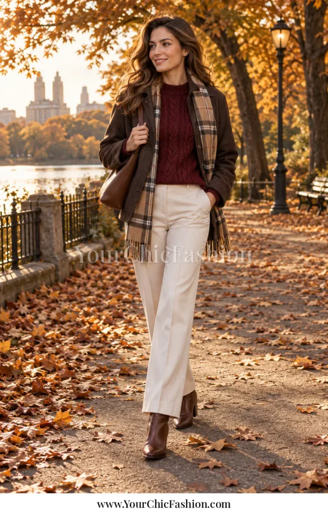Adult woman wearing a burgundy cable-knit sweater, chocolate brown jacket, cream trousers, camel scarf, and brown ankle boots in an autumn park.