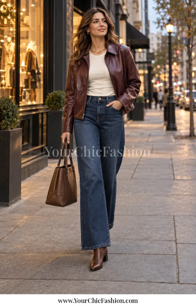 Adult woman wearing a burgundy faux-leather jacket, cream tee, dark blue wide-leg jeans, brown ankle boots, and a brown structured tote on a downtown street.