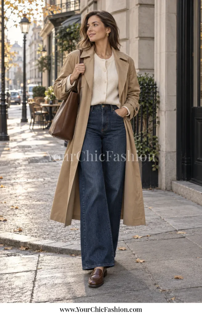 Adult woman wearing a cream cardigan, camel trench coat, dark blue wide-leg jeans, brown penny loafers, and a brown structured tote on a quiet city corner.
