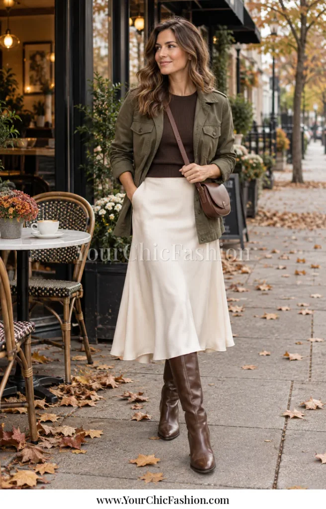 Adult woman wearing a cream midi skirt, fitted brown long-sleeve top, olive jacket, brown knee-high boots, and a brown crossbody bag outside a cafe.