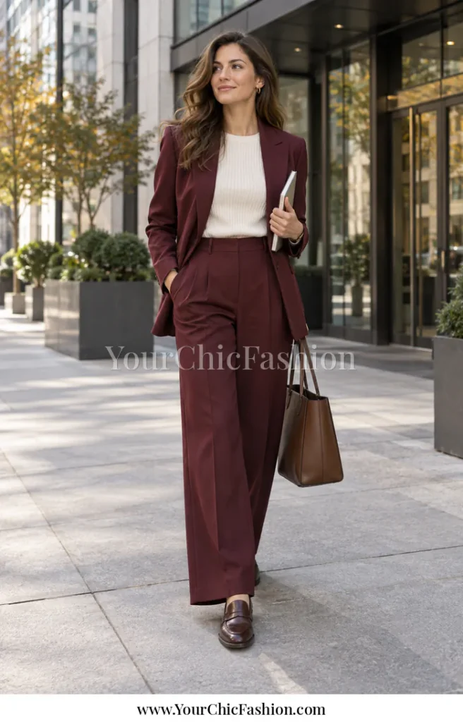 Adult woman wearing a burgundy blazer with wide-leg trousers, a cream knit top, brown penny loafers, and a brown structured tote near a modern office building.